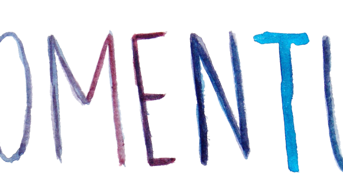 Momentum Logo. Momentum is spelled out in a variety of watercolors ranging from blue to magenta and is enclosed on either side by parenthesis.